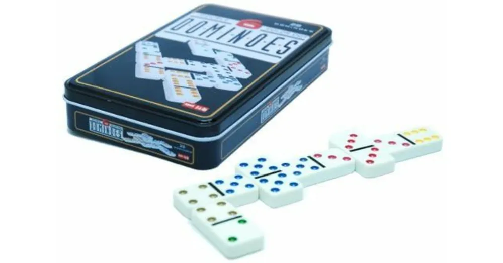 Vedd meg online Dominó készlet, dupla 6-os, színes pöttyökkel, fém dobozban -695101