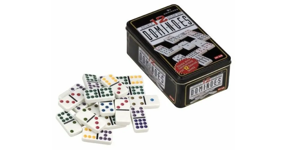 Dominó készlet, dupla 12-es, színes pöttyökkel, fém dobozban, -695103 Vásárlói kedvenc