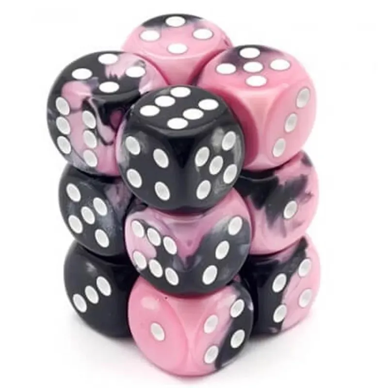 Gemini d6 kockablokk (12 kocka), fekete-pink, fehér pöttyös Expressz kézbesítés